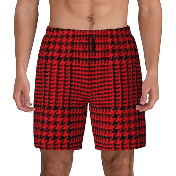 Lsque Mens Swim Trunks Red Black Houndstooth Pattern - Bathing Suit Compression Liner - Beach Swim Shorts Swimwear - (S-3XL) - Stretch Quick Dry -X-Large