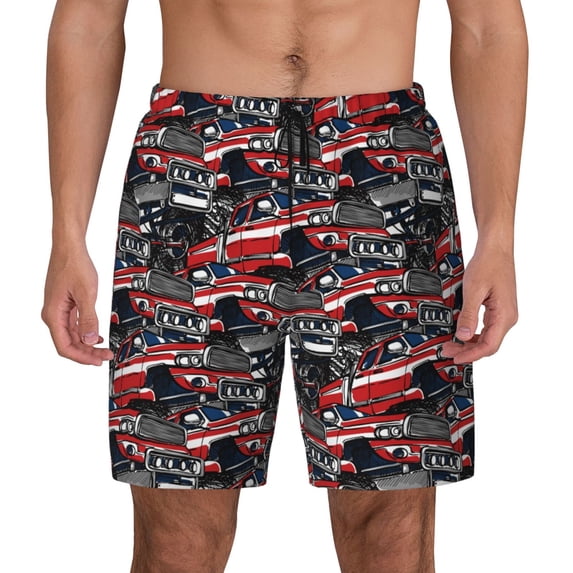 Lsque Mens Swim Trunks Red And Blue Cars Pattern - Bathing Suit Compression Liner - Beach Swim Shorts Swimwear - (S-3XL) - Stretch Quick Dry -XX-Large