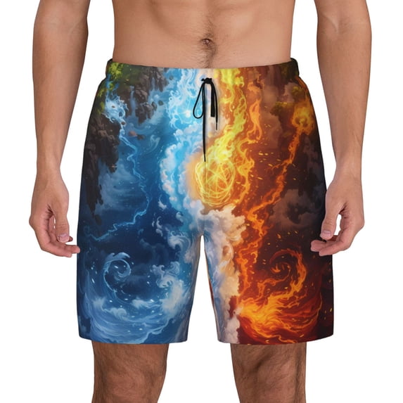 Lsque Mens Swim Trunks Red And Blue Flame Waves Pattern - Bathing Suit Compression Liner - Beach Swim Shorts Swimwear - (S-3XL) - Stretch Quick Dry -Medium