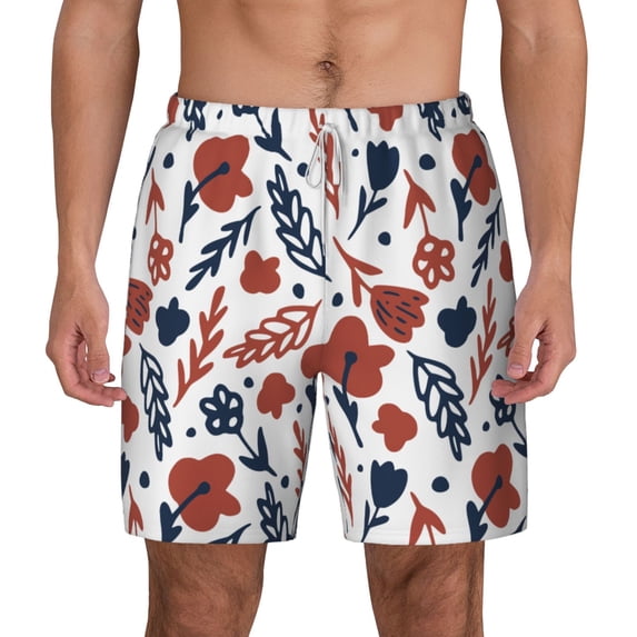 Lsque Mens Swim Trunks Red Blue Leaves Pattern - Bathing Suit Compression Liner - Beach Swim Shorts Swimwear - (S-3XL) - Stretch Quick Dry -Small