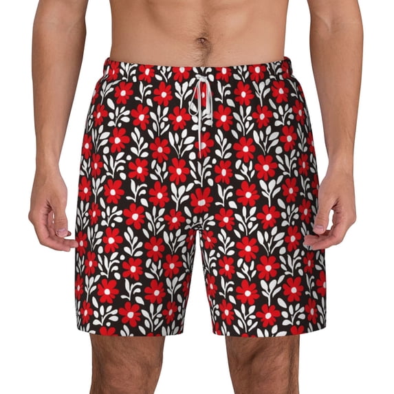 Lsque Mens Swim Trunks Red Floral Pattern - Bathing Suit Compression Liner - Beach Swim Shorts Swimwear - (S-3XL) - Stretch Quick Dry -Small