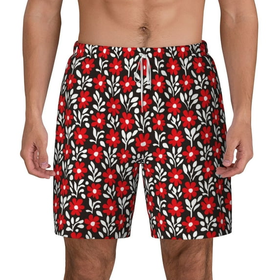 Lsque Mens Swim Trunks Red Floral Pattern - Bathing Suit Compression Liner - Beach Swim Shorts Swimwear - (S-3XL) - Stretch Quick Dry -Small