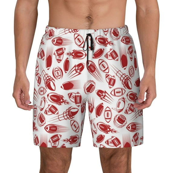 Lsque Mens Swim Trunks Red Football Pattern - Bathing Suit Compression Liner - Beach Swim Shorts Swimwear - (S-3XL) - Stretch Quick Dry -Large