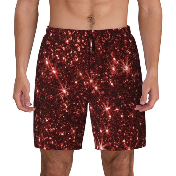 Lsque Mens Swim Trunks Red Glitter Texture Pattern - Bathing Suit Compression Liner - Beach Swim Shorts Swimwear - (S-3XL) - Stretch Quick Dry -Small