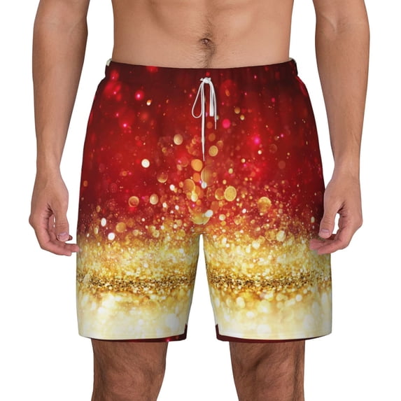 Lsque Mens Swim Trunks Red Gold Glitter Pattern - Bathing Suit Compression Liner - Beach Swim Shorts Swimwear - (S-3XL) - Stretch Quick Dry -Small