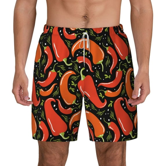 Lsque Mens Swim Trunks Red Hot Chili Pattern - Bathing Suit Compression Liner - Beach Swim Shorts Swimwear - (S-3XL) - Stretch Quick Dry -X-Large