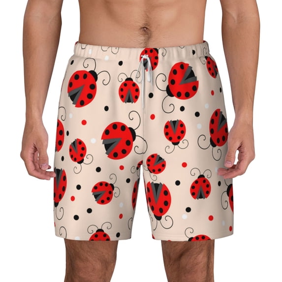 Lsque Mens Swim Trunks Red Ladybug Pattern - Bathing Suit Compression Liner - Beach Swim Shorts Swimwear - (S-3XL) - Stretch Quick Dry -Large