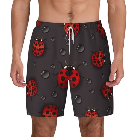 Lsque Mens Swim Trunks Red Ladybugs Pattern - Bathing Suit Compression Liner - Beach Swim Shorts Swimwear - (S-3XL) - Stretch Quick Dry -3X-Large