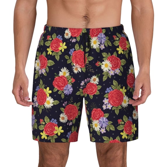 Lsque Mens Swim Trunks Red Rose Flower Pattern - Bathing Suit Compression Liner - Beach Swim Shorts Swimwear - (S-3XL) - Stretch Quick Dry -Medium