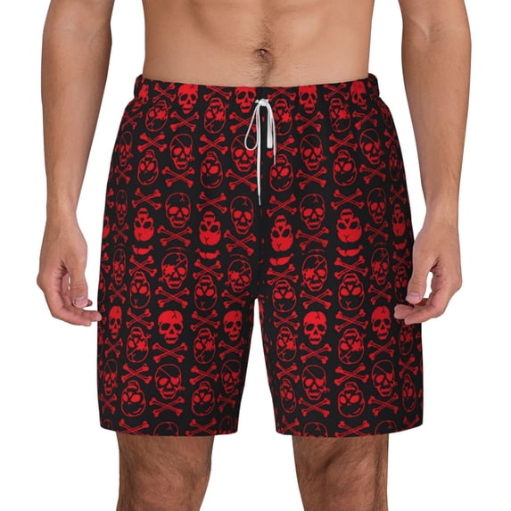 Lsque Mens Swim Trunks Red Skulls With Crossbones Pattern - Bathing Suit Compression Liner - Beach Swim Shorts Swimwear - (S-3XL) - Stretch Quick Dry -Medium