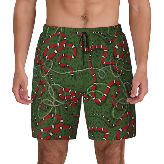 Lsque Mens Swim Trunks Red Snake Pattern - Bathing Suit Compression Liner - Beach Swim Shorts Swimwear - (S-3XL) - Stretch Quick Dry -Large