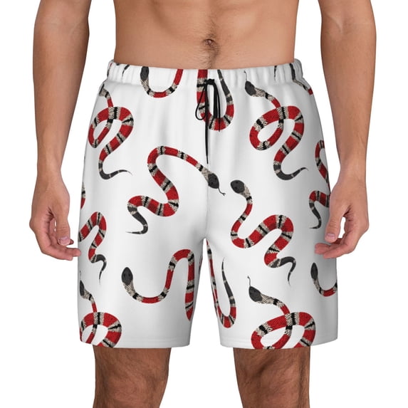 Lsque Mens Swim Trunks Red Snake Pattern - Bathing Suit Compression Liner - Beach Swim Shorts Swimwear - (S-3XL) - Stretch Quick Dry -XX-Large