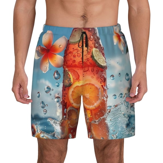 Lsque Mens Swim Trunks Refreshing Citrus Splash Pattern - Bathing Suit Compression Liner - Beach Swim Shorts Swimwear - (S-3XL) - Stretch Quick Dry -Medium