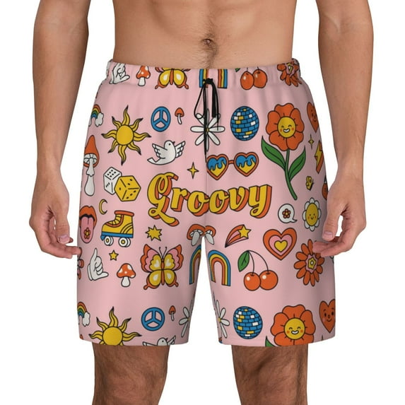 Lsque Mens Swim Trunks Retro 70s Hippie Pattern - Bathing Suit Compression Liner - Beach Swim Shorts Swimwear - (S-3XL) - Stretch Quick Dry -3X-Large