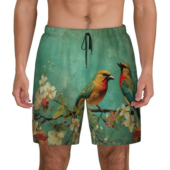 Lsque Mens Swim Trunks Retro Birds Pattern - Bathing Suit Compression Liner - Beach Swim Shorts Swimwear - (S-3XL) - Stretch Quick Dry -Large