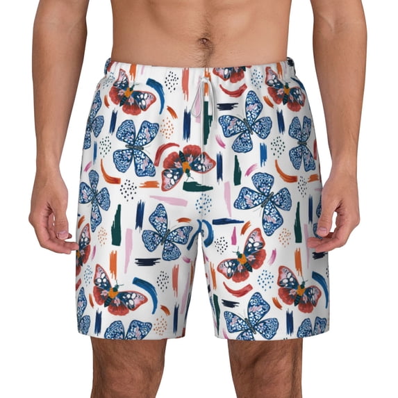 Lsque Mens Swim Trunks Retro Butterfly Pattern - Bathing Suit Compression Liner - Beach Swim Shorts Swimwear - (S-3XL) - Stretch Quick Dry -XX-Large