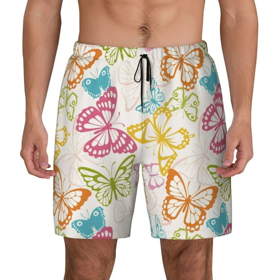 Lsque Mens Swim Trunks Retro Colorful Butterfly Pattern - Bathing Suit Compression Liner - Beach Swim Shorts Swimwear - (S-3XL) - Stretch Quick Dry -3X-Large