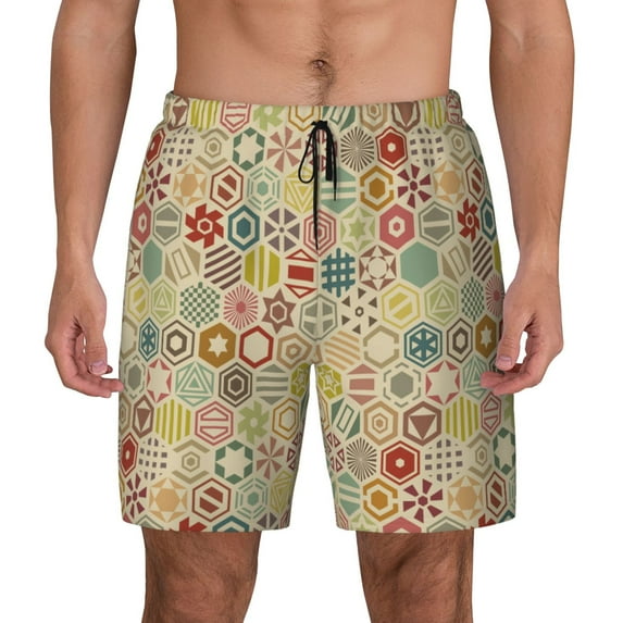 Lsque Mens Swim Trunks Retro Geometry Pattern - Bathing Suit Compression Liner - Beach Swim Shorts Swimwear - (S-3XL) - Stretch Quick Dry -Medium