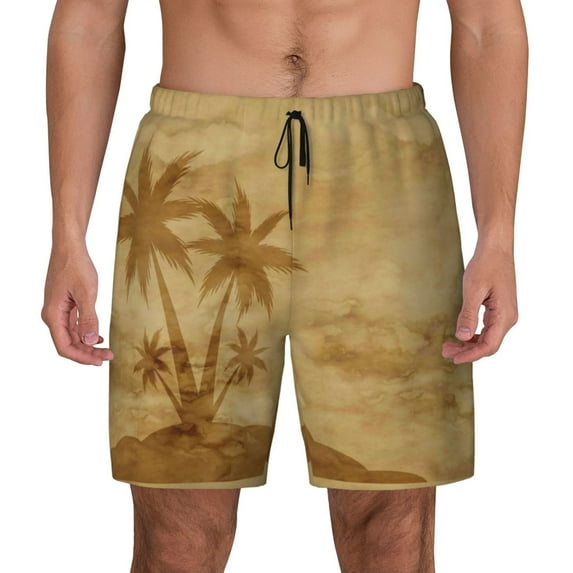 Lsque Mens Swim Trunks Retro Palm Tree Pattern - Bathing Suit Compression Liner - Beach Swim Shorts Swimwear - (S-3XL) - Stretch Quick Dry -Small
