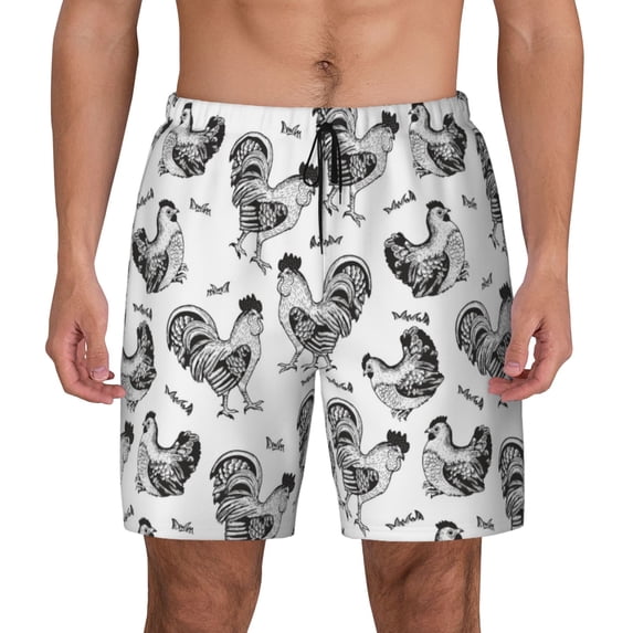 Lsque Mens Swim Trunks Retro Rooster Pattern - Bathing Suit Compression Liner - Beach Swim Shorts Swimwear - (S-3XL) - Stretch Quick Dry -Small