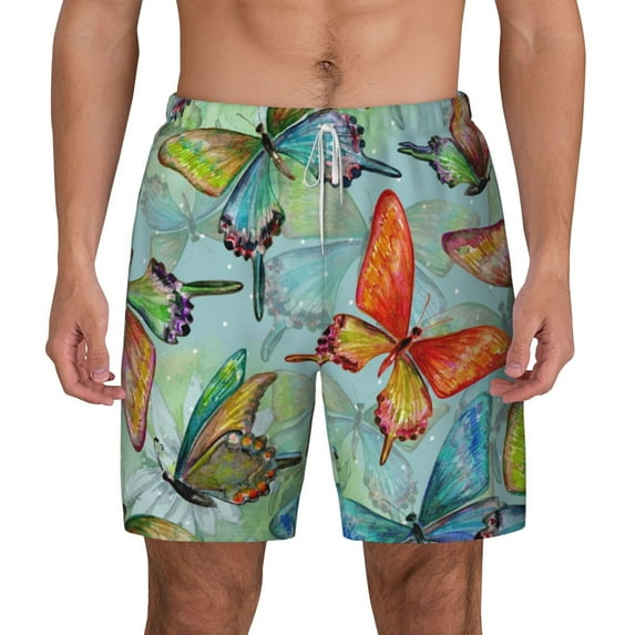 Lsque Mens Swim Trunks Retro Seamless Flying Butterflies Pattern - Bathing Suit Compression Liner - Beach Swim Shorts Swimwear - (S-3XL) - Stretch Quick Dry -X-Large