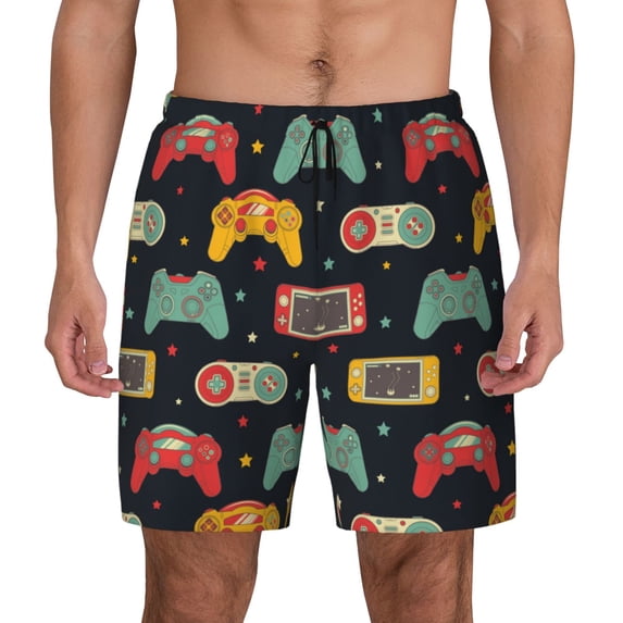 Lsque Mens Swim Trunks Retro Video Game Pattern - Bathing Suit Compression Liner - Beach Swim Shorts Swimwear - (S-3XL) - Stretch Quick Dry -Medium