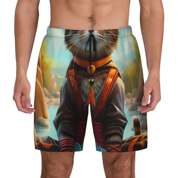 Lsque Mens Swim Trunks Riverside Meditating Cat Pattern - Bathing Suit Compression Liner - Beach Swim Shorts Swimwear - (S-3XL) - Stretch Quick Dry -