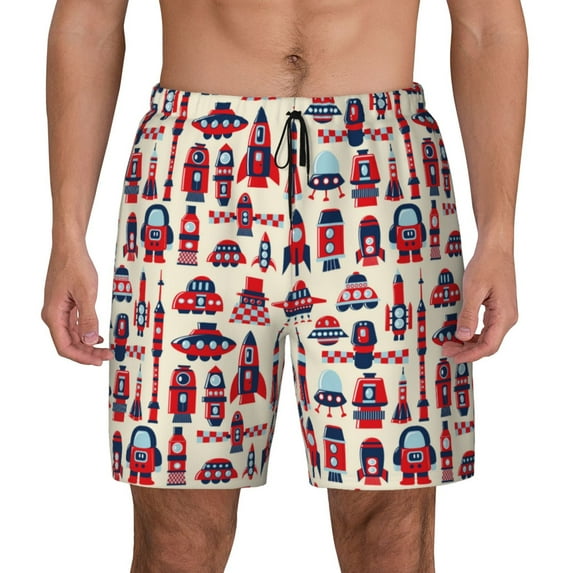 Lsque Mens Swim Trunks Rocket Pattern Pattern - Bathing Suit Compression Liner - Beach Swim Shorts Swimwear - (S-3XL) - Stretch Quick Dry -Large