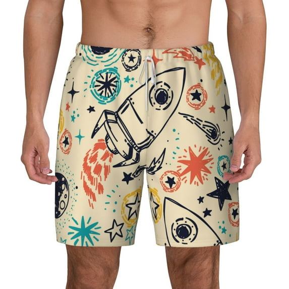Lsque Mens Swim Trunks Rockets Pattern - Bathing Suit Compression Liner - Beach Swim Shorts Swimwear - (S-3XL) - Stretch Quick Dry -XX-Large