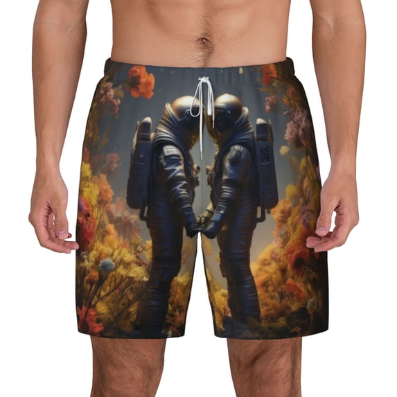 Lsque Mens Swim Trunks Romantic Flower Astronaut Couple Pattern - Bathing Suit Compression Liner - Beach Swim Shorts Swimwear - (S-3XL) - Stretch Quick Dry -Small