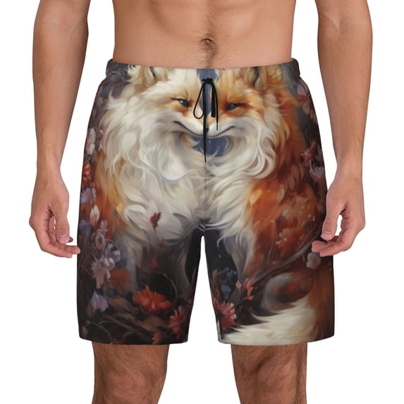 Lsque Mens Swim Trunks Romantic Flower Fox Couple Pattern - Bathing Suit Compression Liner - Beach Swim Shorts Swimwear - (S-3XL) - Stretch Quick Dry -3X-Large
