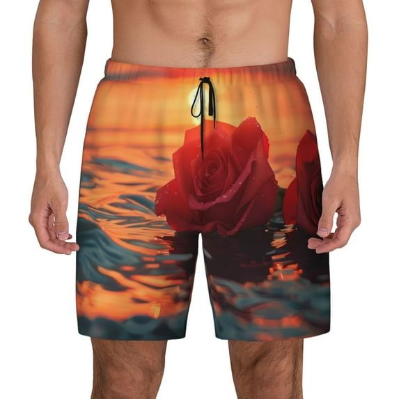 Lsque Mens Swim Trunks Romantic Roses Sunset Ocean Pattern - Bathing Suit Compression Liner - Beach Swim Shorts Swimwear - (S-3XL) - Stretch Quick Dry -X-Large