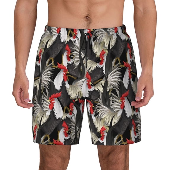 Lsque Mens Swim Trunks Roosters 2 Pattern - Bathing Suit Compression Liner - Beach Swim Shorts Swimwear - (S-3XL) - Stretch Quick Dry -Small