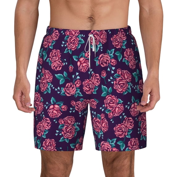 Lsque Mens Swim Trunks Rose Flowers Pattern - Bathing Suit Compression Liner - Beach Swim Shorts Swimwear - (S-3XL) - Stretch Quick Dry -3X-Large