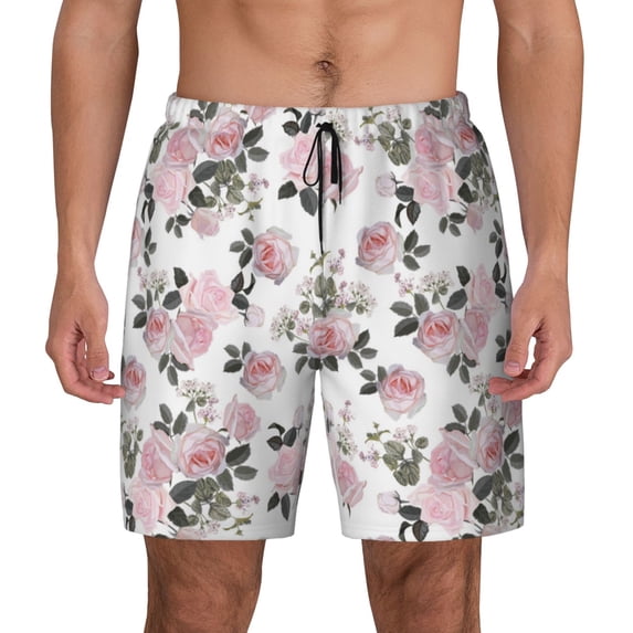 Lsque Mens Swim Trunks Rose Flowers Pattern - Bathing Suit Compression Liner - Beach Swim Shorts Swimwear - (S-3XL) - Stretch Quick Dry -3X-Large