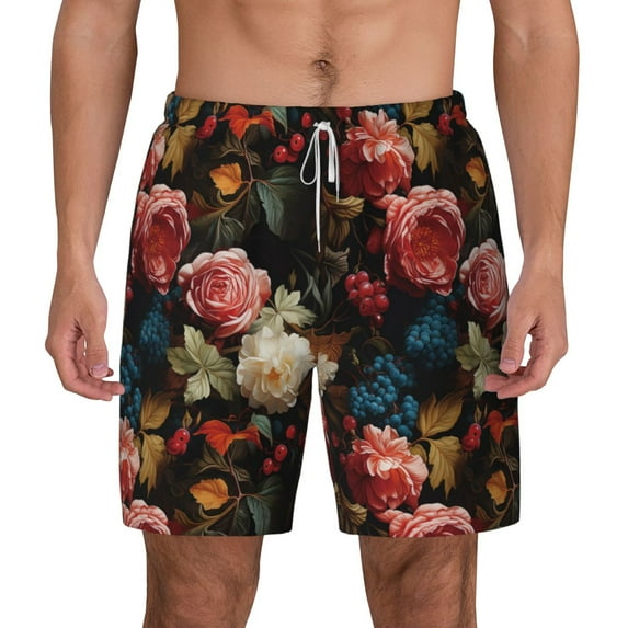 Lsque Mens Swim Trunks Rose Flowers Pattern - Bathing Suit Compression Liner - Beach Swim Shorts Swimwear - (S-3XL) - Stretch Quick Dry -3X-Large