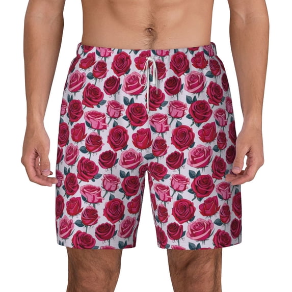 Lsque Mens Swim Trunks Rose Flowers Pattern - Bathing Suit Compression Liner - Beach Swim Shorts Swimwear - (S-3XL) - Stretch Quick Dry -3X-Large