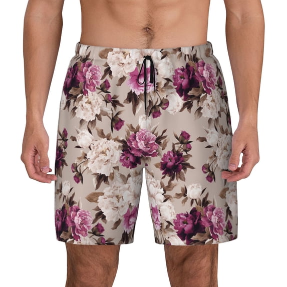 Lsque Mens Swim Trunks Rose Flowers Pattern - Bathing Suit Compression Liner - Beach Swim Shorts Swimwear - (S-3XL) - Stretch Quick Dry -Large