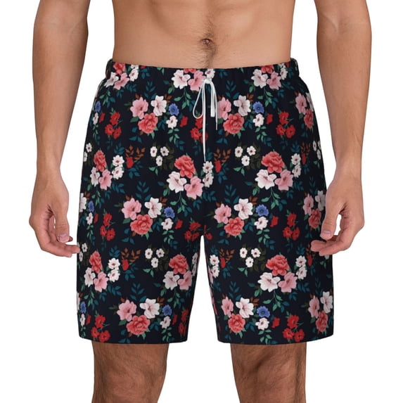 Lsque Mens Swim Trunks Rose Flowers Pattern - Bathing Suit Compression Liner - Beach Swim Shorts Swimwear - (S-3XL) - Stretch Quick Dry -Large