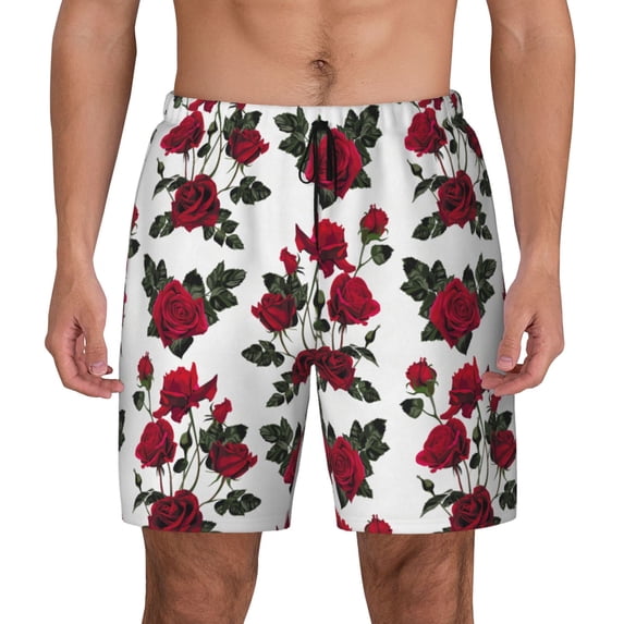 Lsque Mens Swim Trunks Rose Flowers Pattern - Bathing Suit Compression Liner - Beach Swim Shorts Swimwear - (S-3XL) - Stretch Quick Dry -Large
