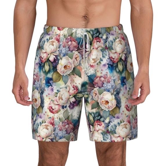 Lsque Mens Swim Trunks Rose Flowers Pattern - Bathing Suit Compression Liner - Beach Swim Shorts Swimwear - (S-3XL) - Stretch Quick Dry -Medium