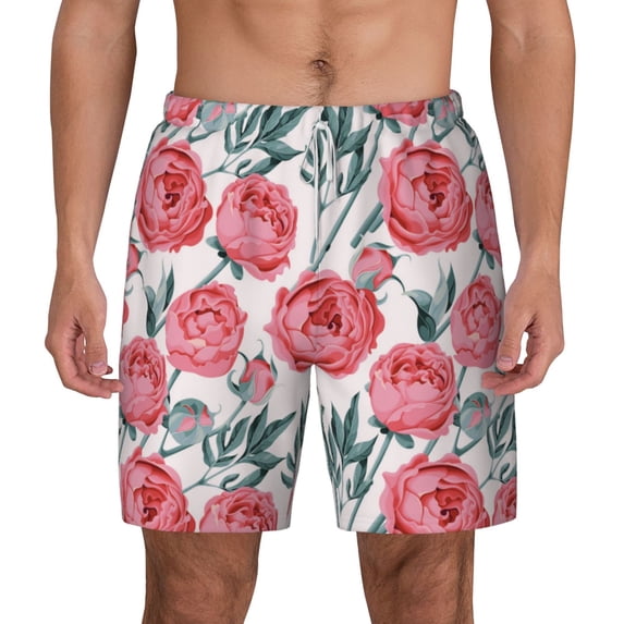 Lsque Mens Swim Trunks Rose Flowers Pattern - Bathing Suit Compression Liner - Beach Swim Shorts Swimwear - (S-3XL) - Stretch Quick Dry -Medium