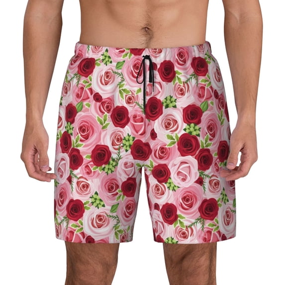 Lsque Mens Swim Trunks Rose Flowers Pattern - Bathing Suit Compression Liner - Beach Swim Shorts Swimwear - (S-3XL) - Stretch Quick Dry -Medium