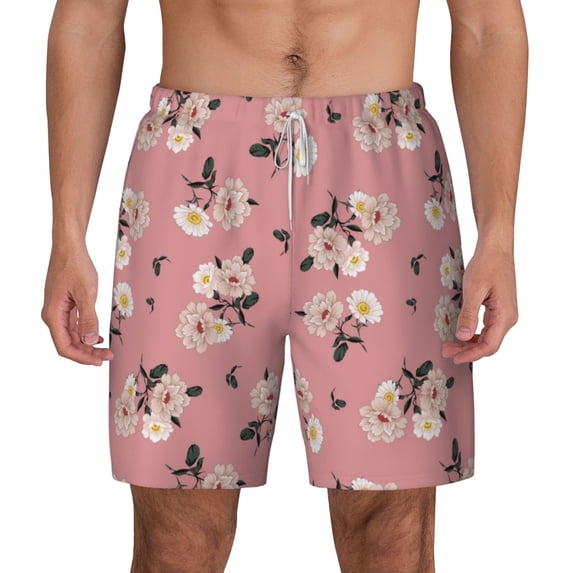 Lsque Mens Swim Trunks Rose Flowers Pattern - Bathing Suit Compression Liner - Beach Swim Shorts Swimwear - (S-3XL) - Stretch Quick Dry -Medium