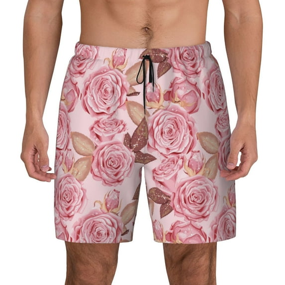 Lsque Mens Swim Trunks Rose Flowers Pattern - Bathing Suit Compression Liner - Beach Swim Shorts Swimwear - (S-3XL) - Stretch Quick Dry -Small