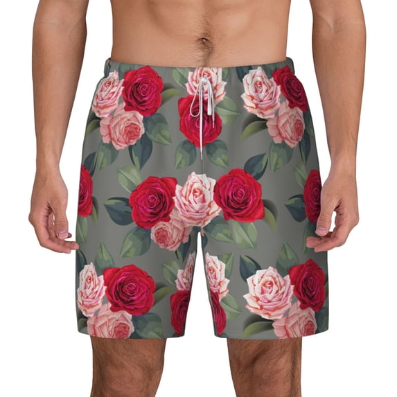 Lsque Mens Swim Trunks Rose Flowers Pattern - Bathing Suit Compression Liner - Beach Swim Shorts Swimwear - (S-3XL) - Stretch Quick Dry -Small