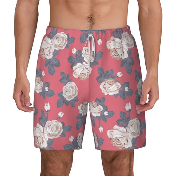 Lsque Mens Swim Trunks Rose Flowers Pattern - Bathing Suit Compression Liner - Beach Swim Shorts Swimwear - (S-3XL) - Stretch Quick Dry -Small