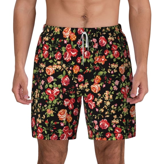Lsque Mens Swim Trunks Rose Flowers Pattern - Bathing Suit Compression Liner - Beach Swim Shorts Swimwear - (S-3XL) - Stretch Quick Dry -Small