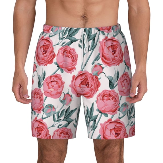 Lsque Mens Swim Trunks Rose Flowers Pattern - Bathing Suit Compression Liner - Beach Swim Shorts Swimwear - (S-3XL) - Stretch Quick Dry -X-Large