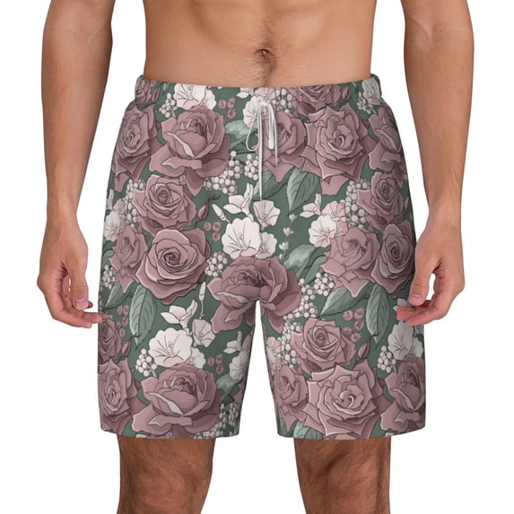Lsque Mens Swim Trunks Rose Flowers Pattern - Bathing Suit Compression Liner - Beach Swim Shorts Swimwear - (S-3XL) - Stretch Quick Dry -XX-Large